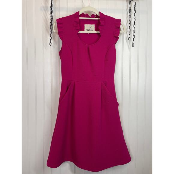 Anthropologie Tabitha Pink Fit and Flare Mini Dress Ruffle Pocket Peasant Size 2 - Picture 2 of 7